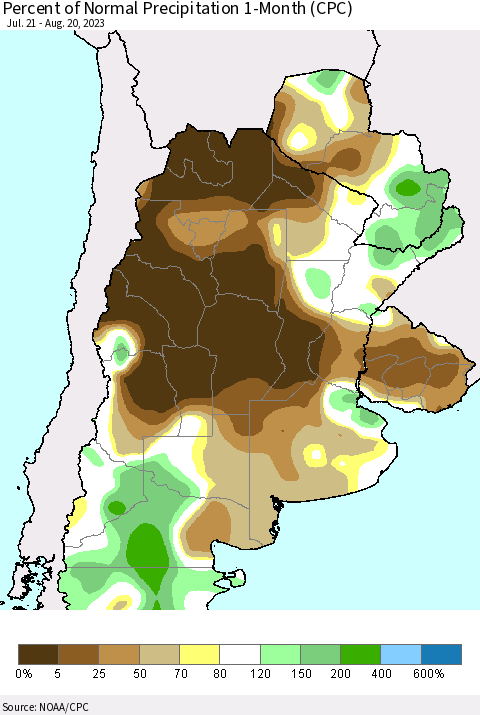 Southern South America Percent of Normal Precipitation 1-Month (CPC) Thematic Map For 7/21/2023 - 8/20/2023