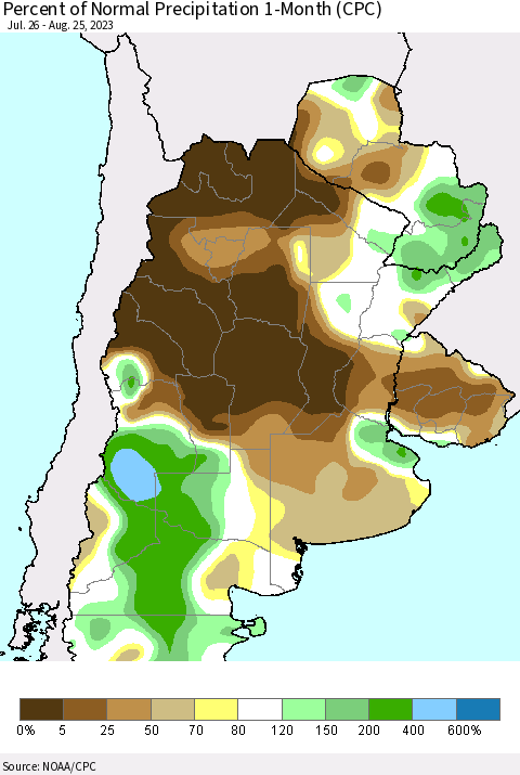 Southern South America Percent of Normal Precipitation 1-Month (CPC) Thematic Map For 7/26/2023 - 8/25/2023