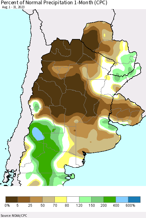 Southern South America Percent of Normal Precipitation 1-Month (CPC) Thematic Map For 8/1/2023 - 8/31/2023