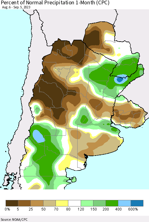 Southern South America Percent of Normal Precipitation 1-Month (CPC) Thematic Map For 8/6/2023 - 9/5/2023