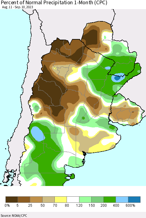 Southern South America Percent of Normal Precipitation 1-Month (CPC) Thematic Map For 8/11/2023 - 9/10/2023