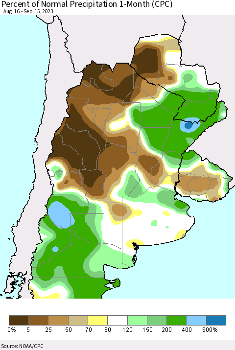 Southern South America Percent of Normal Precipitation 1-Month (CPC) Thematic Map For 8/16/2023 - 9/15/2023