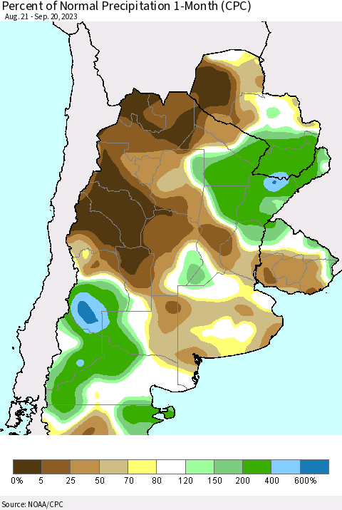 Southern South America Percent of Normal Precipitation 1-Month (CPC) Thematic Map For 8/21/2023 - 9/20/2023