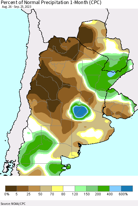 Southern South America Percent of Normal Precipitation 1-Month (CPC) Thematic Map For 8/26/2023 - 9/25/2023