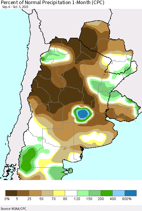 Southern South America Percent of Normal Precipitation 1-Month (CPC) Thematic Map For 9/6/2023 - 10/5/2023