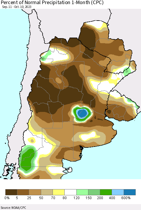 Southern South America Percent of Normal Precipitation 1-Month (CPC) Thematic Map For 9/11/2023 - 10/10/2023