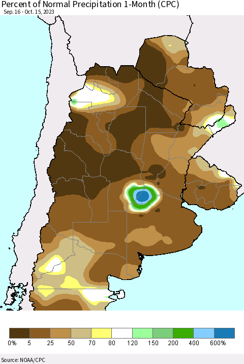 Southern South America Percent of Normal Precipitation 1-Month (CPC) Thematic Map For 9/16/2023 - 10/15/2023