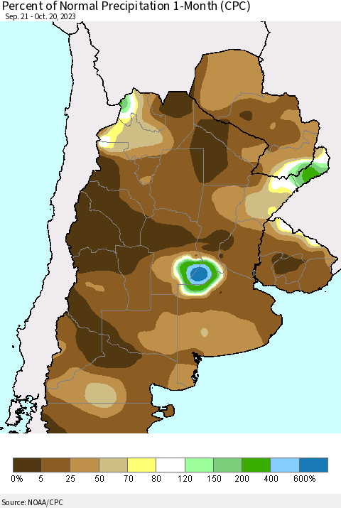 Southern South America Percent of Normal Precipitation 1-Month (CPC) Thematic Map For 9/21/2023 - 10/20/2023
