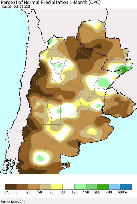 Southern South America Percent of Normal Precipitation 1-Month (CPC) Thematic Map For 9/26/2023 - 10/25/2023