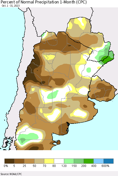 Southern South America Percent of Normal Precipitation 1-Month (CPC) Thematic Map For 10/1/2023 - 10/31/2023