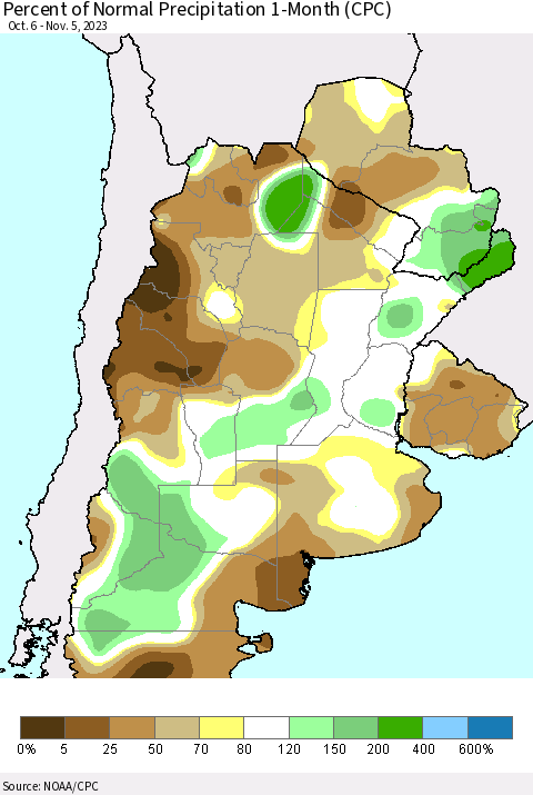 Southern South America Percent of Normal Precipitation 1-Month (CPC) Thematic Map For 10/6/2023 - 11/5/2023