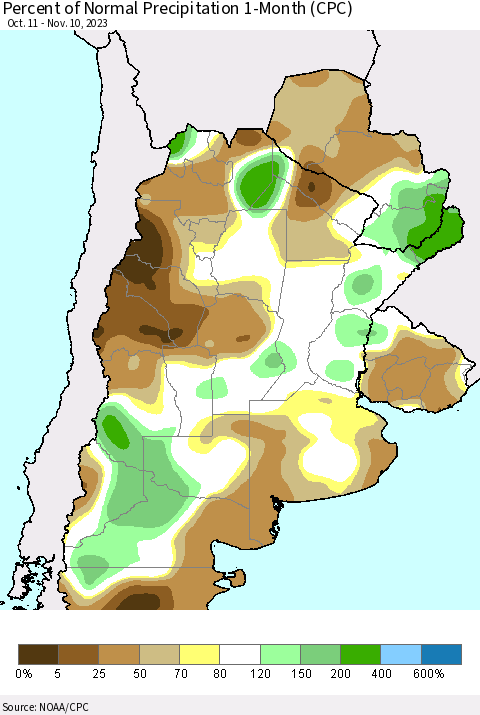 Southern South America Percent of Normal Precipitation 1-Month (CPC) Thematic Map For 10/11/2023 - 11/10/2023