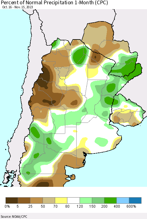 Southern South America Percent of Normal Precipitation 1-Month (CPC) Thematic Map For 10/16/2023 - 11/15/2023