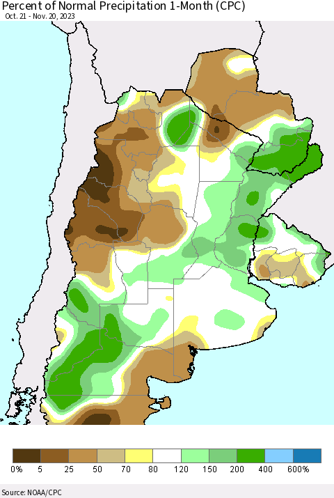 Southern South America Percent of Normal Precipitation 1-Month (CPC) Thematic Map For 10/21/2023 - 11/20/2023