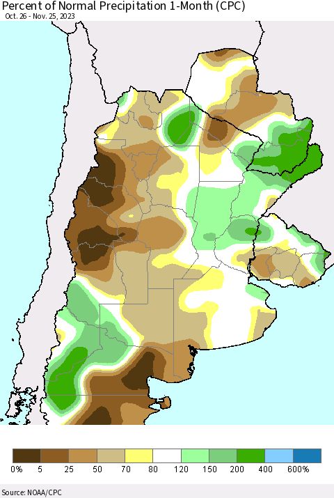 Southern South America Percent of Normal Precipitation 1-Month (CPC) Thematic Map For 10/26/2023 - 11/25/2023