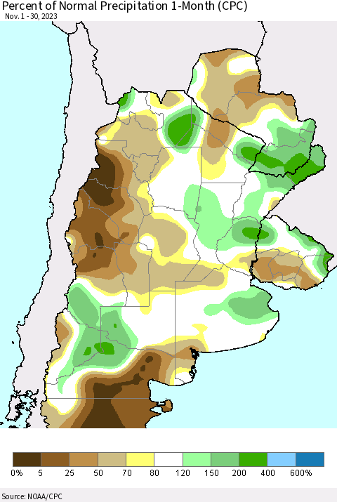 Southern South America Percent of Normal Precipitation 1-Month (CPC) Thematic Map For 11/1/2023 - 11/30/2023