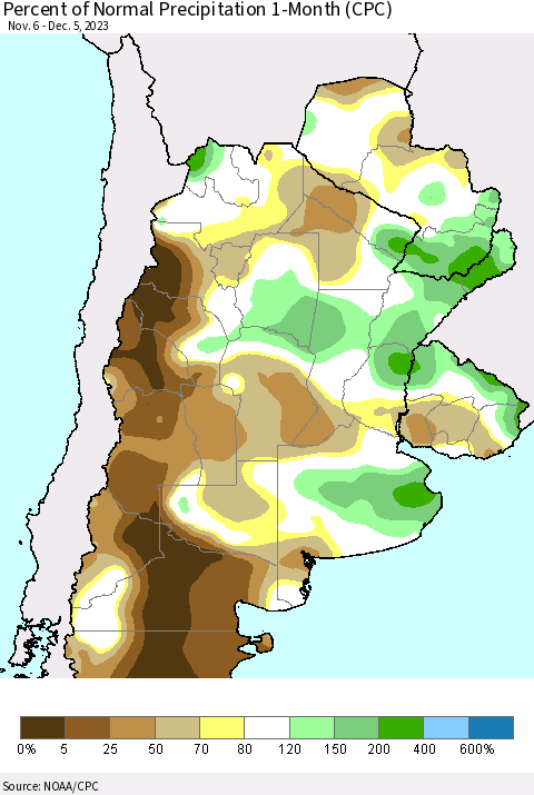 Southern South America Percent of Normal Precipitation 1-Month (CPC) Thematic Map For 11/6/2023 - 12/5/2023