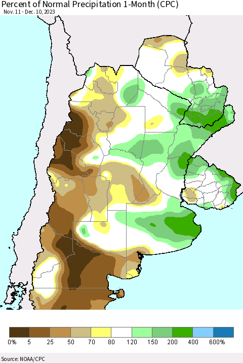 Southern South America Percent of Normal Precipitation 1-Month (CPC) Thematic Map For 11/11/2023 - 12/10/2023