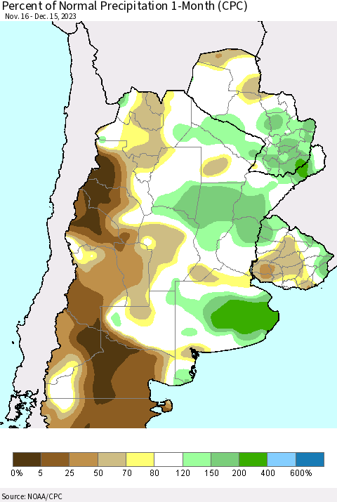 Southern South America Percent of Normal Precipitation 1-Month (CPC) Thematic Map For 11/16/2023 - 12/15/2023