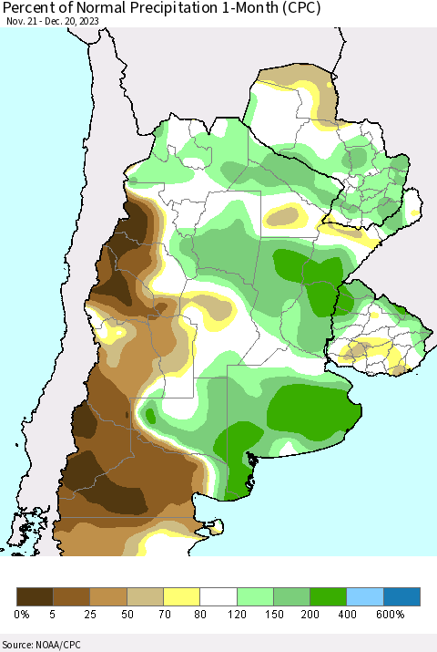 Southern South America Percent of Normal Precipitation 1-Month (CPC) Thematic Map For 11/21/2023 - 12/20/2023
