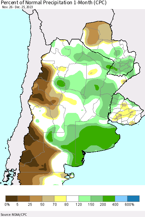 Southern South America Percent of Normal Precipitation 1-Month (CPC) Thematic Map For 11/26/2023 - 12/25/2023