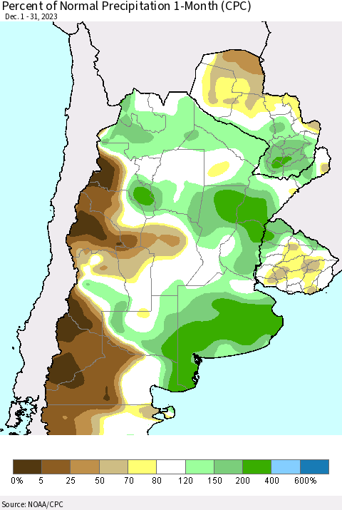 Southern South America Percent of Normal Precipitation 1-Month (CPC) Thematic Map For 12/1/2023 - 12/31/2023