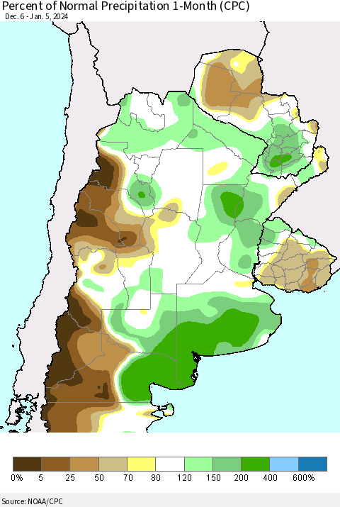 Southern South America Percent of Normal Precipitation 1-Month (CPC) Thematic Map For 12/6/2023 - 1/5/2024