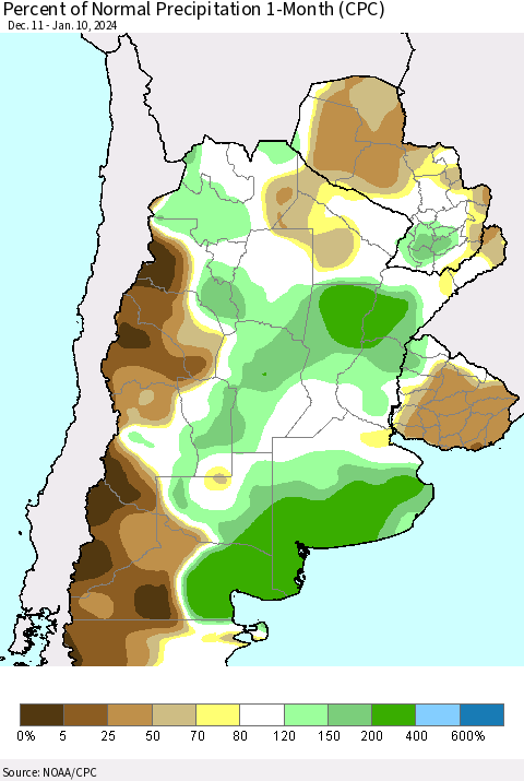 Southern South America Percent of Normal Precipitation 1-Month (CPC) Thematic Map For 12/11/2023 - 1/10/2024
