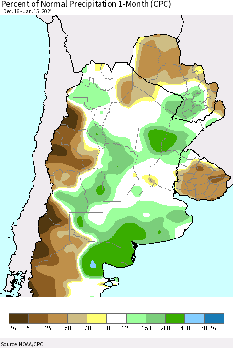 Southern South America Percent of Normal Precipitation 1-Month (CPC) Thematic Map For 12/16/2023 - 1/15/2024