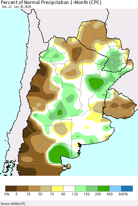 Southern South America Percent of Normal Precipitation 1-Month (CPC) Thematic Map For 12/21/2023 - 1/20/2024