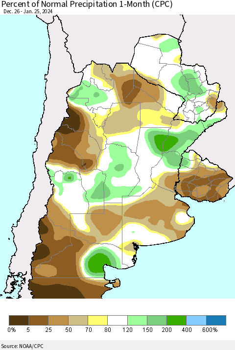 Southern South America Percent of Normal Precipitation 1-Month (CPC) Thematic Map For 12/26/2023 - 1/25/2024