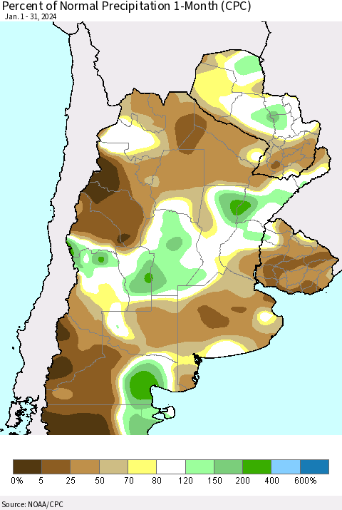 Southern South America Percent of Normal Precipitation 1-Month (CPC) Thematic Map For 1/1/2024 - 1/31/2024
