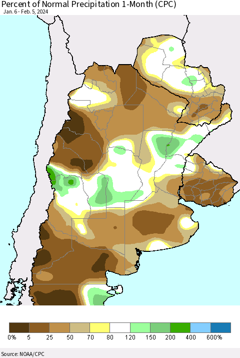 Southern South America Percent of Normal Precipitation 1-Month (CPC) Thematic Map For 1/6/2024 - 2/5/2024