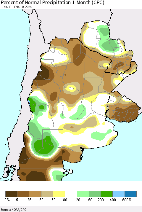 Southern South America Percent of Normal Precipitation 1-Month (CPC) Thematic Map For 1/11/2024 - 2/10/2024