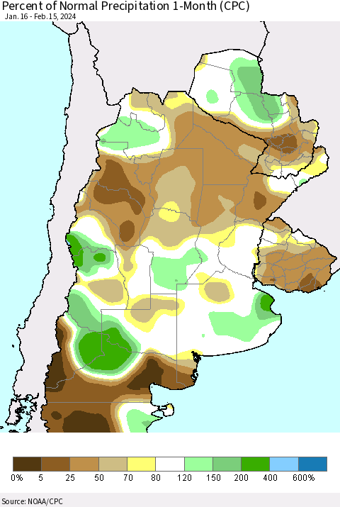 Southern South America Percent of Normal Precipitation 1-Month (CPC) Thematic Map For 1/16/2024 - 2/15/2024