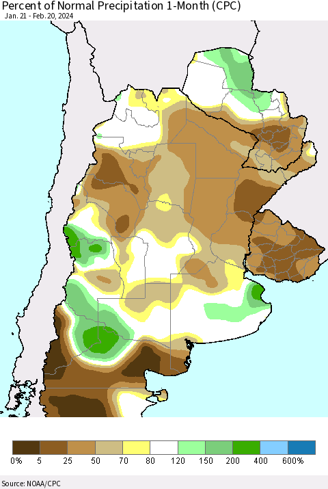 Southern South America Percent of Normal Precipitation 1-Month (CPC) Thematic Map For 1/21/2024 - 2/20/2024