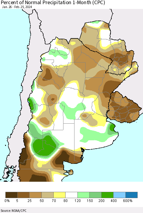 Southern South America Percent of Normal Precipitation 1-Month (CPC) Thematic Map For 1/26/2024 - 2/25/2024