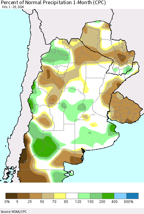 Southern South America Percent of Normal Precipitation 1-Month (CPC) Thematic Map For 2/1/2024 - 2/29/2024