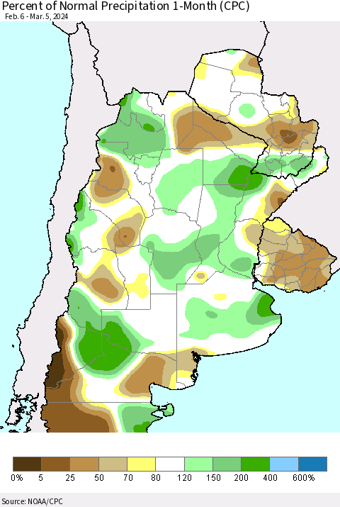 Southern South America Percent of Normal Precipitation 1-Month (CPC) Thematic Map For 2/6/2024 - 3/5/2024