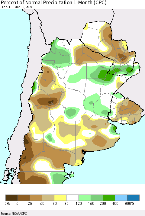 Southern South America Percent of Normal Precipitation 1-Month (CPC) Thematic Map For 2/11/2024 - 3/10/2024