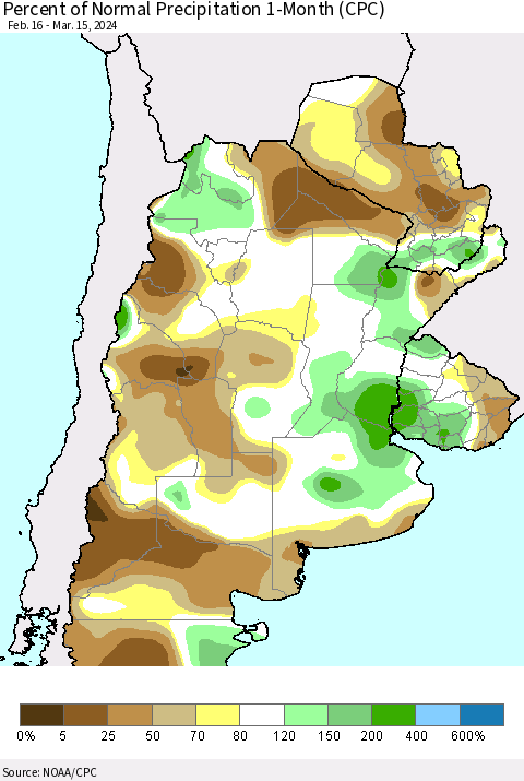 Southern South America Percent of Normal Precipitation 1-Month (CPC) Thematic Map For 2/16/2024 - 3/15/2024