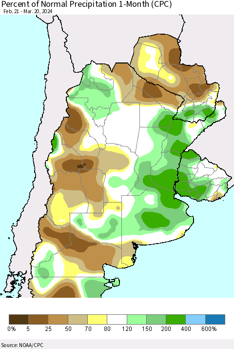 Southern South America Percent of Normal Precipitation 1-Month (CPC) Thematic Map For 2/21/2024 - 3/20/2024