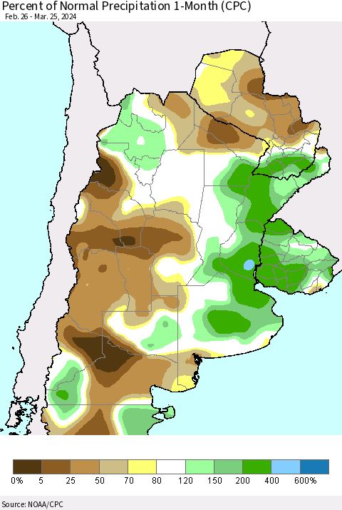Southern South America Percent of Normal Precipitation 1-Month (CPC) Thematic Map For 2/26/2024 - 3/25/2024