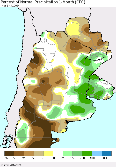 Southern South America Percent of Normal Precipitation 1-Month (CPC) Thematic Map For 3/1/2024 - 3/31/2024
