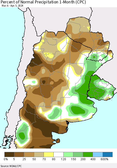 Southern South America Percent of Normal Precipitation 1-Month (CPC) Thematic Map For 3/6/2024 - 4/5/2024