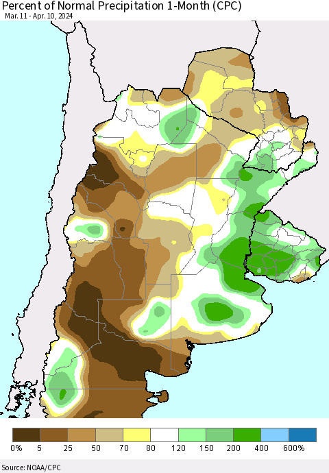 Southern South America Percent of Normal Precipitation 1-Month (CPC) Thematic Map For 3/11/2024 - 4/10/2024