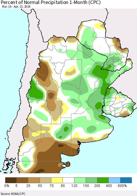 Southern South America Percent of Normal Precipitation 1-Month (CPC) Thematic Map For 3/16/2024 - 4/15/2024