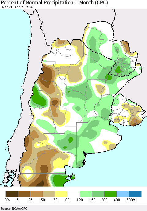 Southern South America Percent of Normal Precipitation 1-Month (CPC) Thematic Map For 3/21/2024 - 4/20/2024