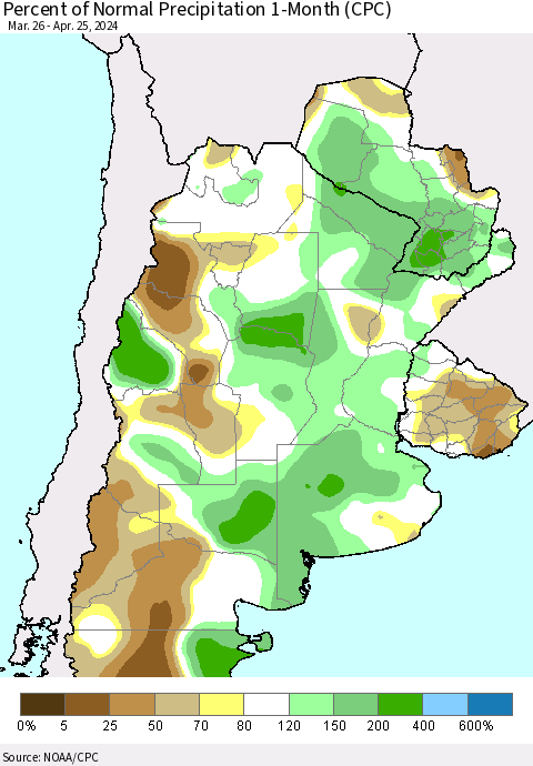 Southern South America Percent of Normal Precipitation 1-Month (CPC) Thematic Map For 3/26/2024 - 4/25/2024