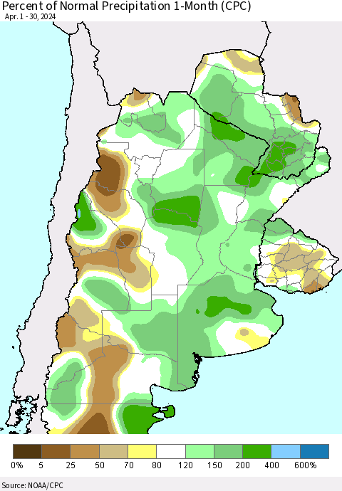 Southern South America Percent of Normal Precipitation 1-Month (CPC) Thematic Map For 4/1/2024 - 4/30/2024